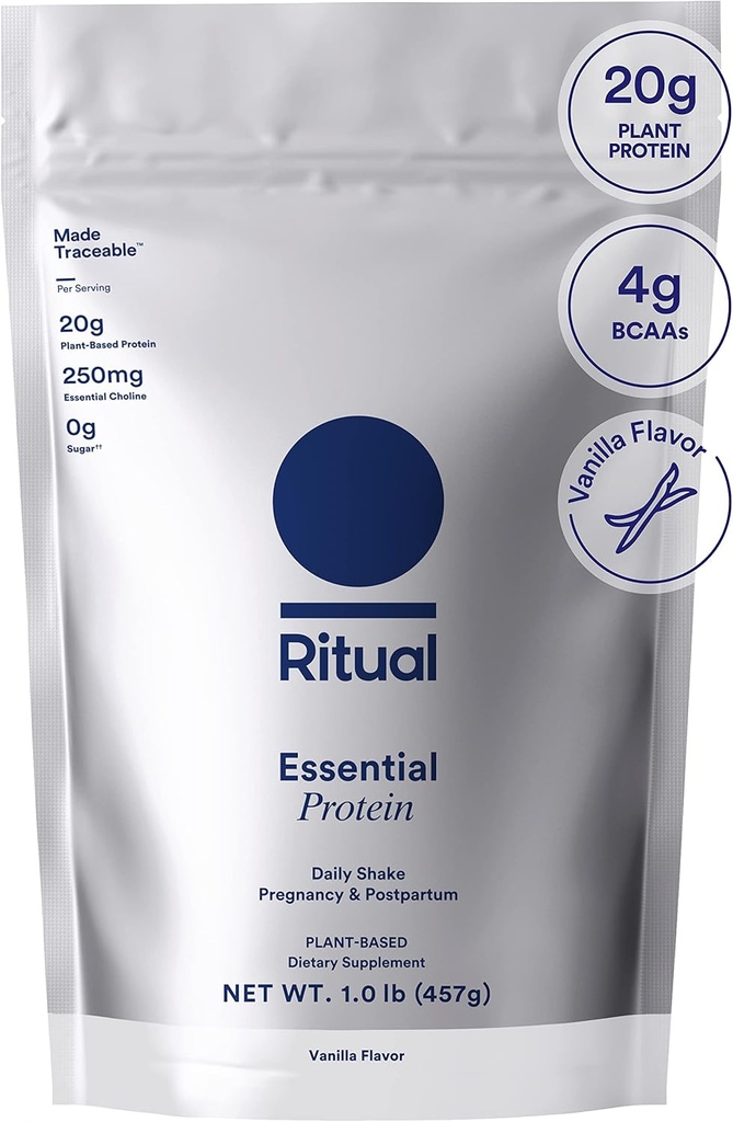 Ritual Prenatal Vegan Protein Powder: Koliini tukemaan prenataalia, synnytyksen jälkeistä, < imetystä, 20g Organic Pea Protein from Regenerative Farms in USA, Gluteeniton, Kasvipohjainen, Sokeriton†, Vanilja, 1Lbs