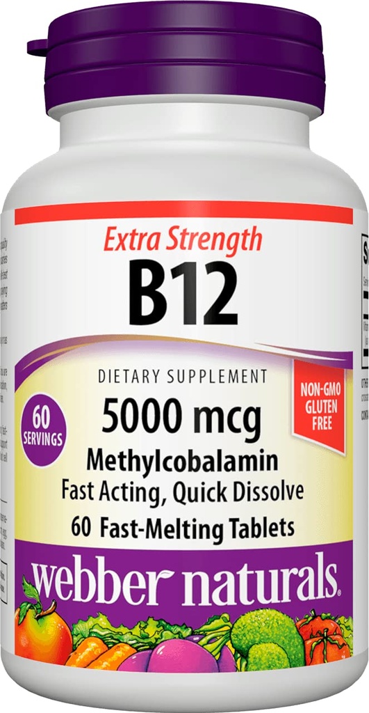 Webber Naturals B12 5000 mikrog, 60 kreivi, nopeasti liuottavat tabletit, vitamiini täydentää tukea energian aineenvaihduntaa, immuuni ja sydän terveys, kasvisruokaa Formula, 60 päivän tarjonta