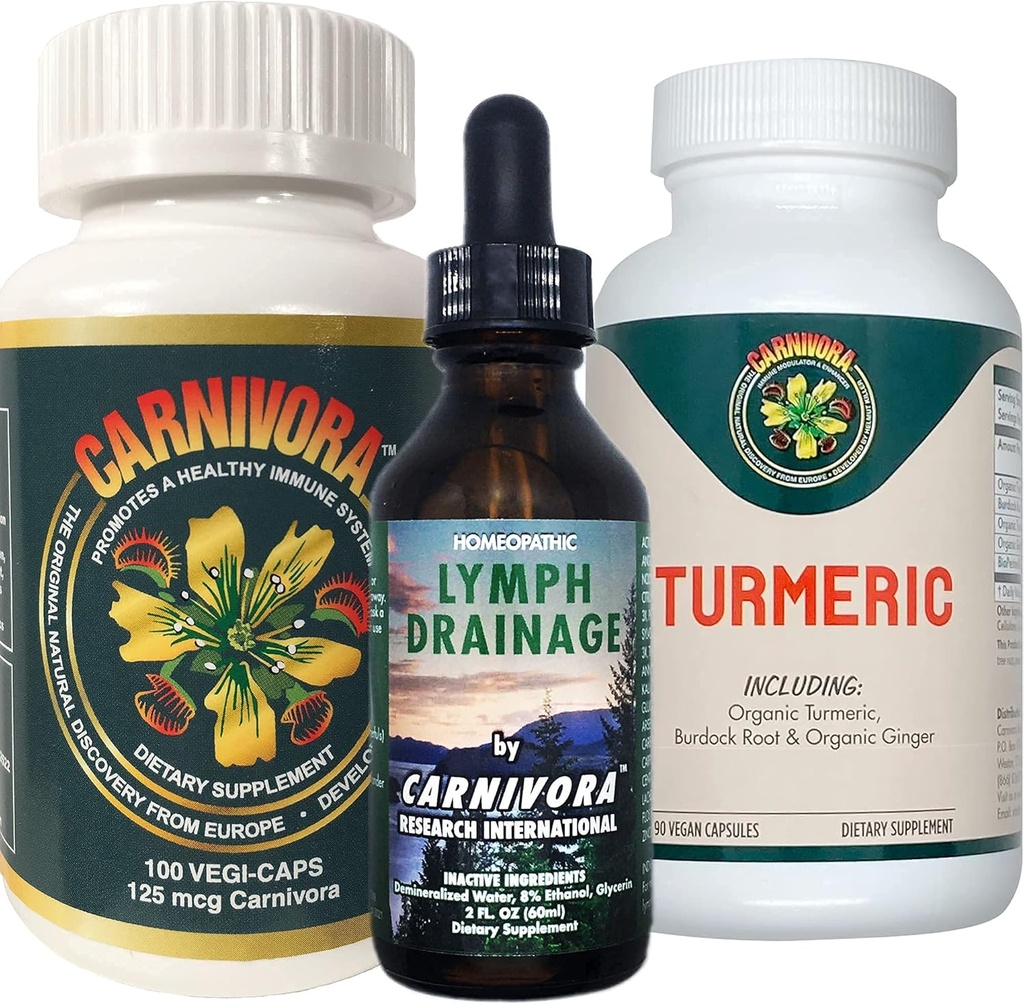 Carnivora Triple Play - Immune System Support, Lymph System Flush och Förbättring för Joints och Digestion (Bundle med 1 flaska var och en av Carnivora Vegi-Caps, Lymph Drainage och Turmeric)