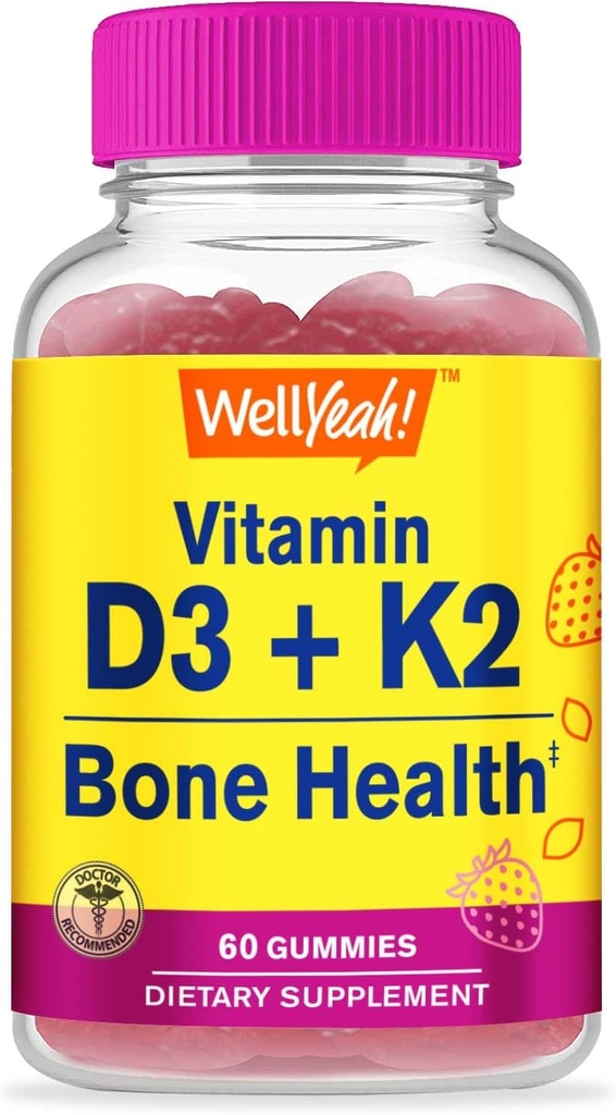 WellYeah Vitamin D3 + K2 Gummies - Vitamin D3 1000 IE, K2 100 MCG - Bone and Muscle Health Support, Natural Flavors, GMO Free, Gluten Free, Vegan - K2 D3 Vitamin Supplement - 60 Gummies