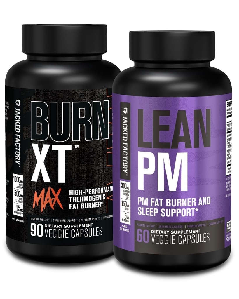Jacked Factory 24/7 Fat Burner Stack - Burn XT MAX High Performance Fat Burner (90 kapslar) - Lean PM Nighttime Sleep Support för viktminskning och Appetite Suppression (60 kapslar)