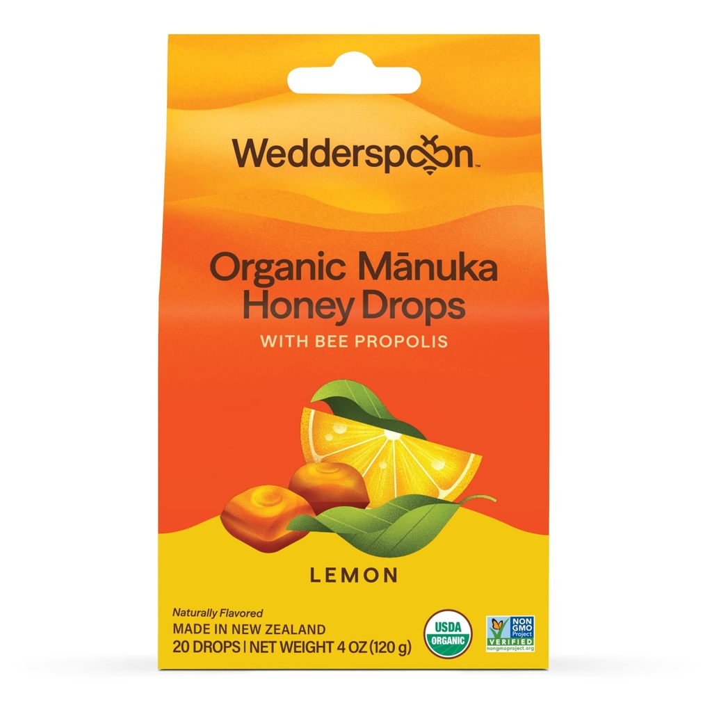 Wedderspoon Organic Manuka Honey Drops, Lemon & Bee Propolis, 20 Count (Pack of 1) ...