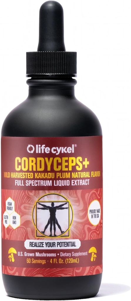Life Cykel Cordyceps Mushroom Extract Kakadu Plum - energia, kestävyys & elinvoima tuki, luonnon ikääntyminen täydentää - ei-GMO ja Vegan Tincture - 4Fl Oz