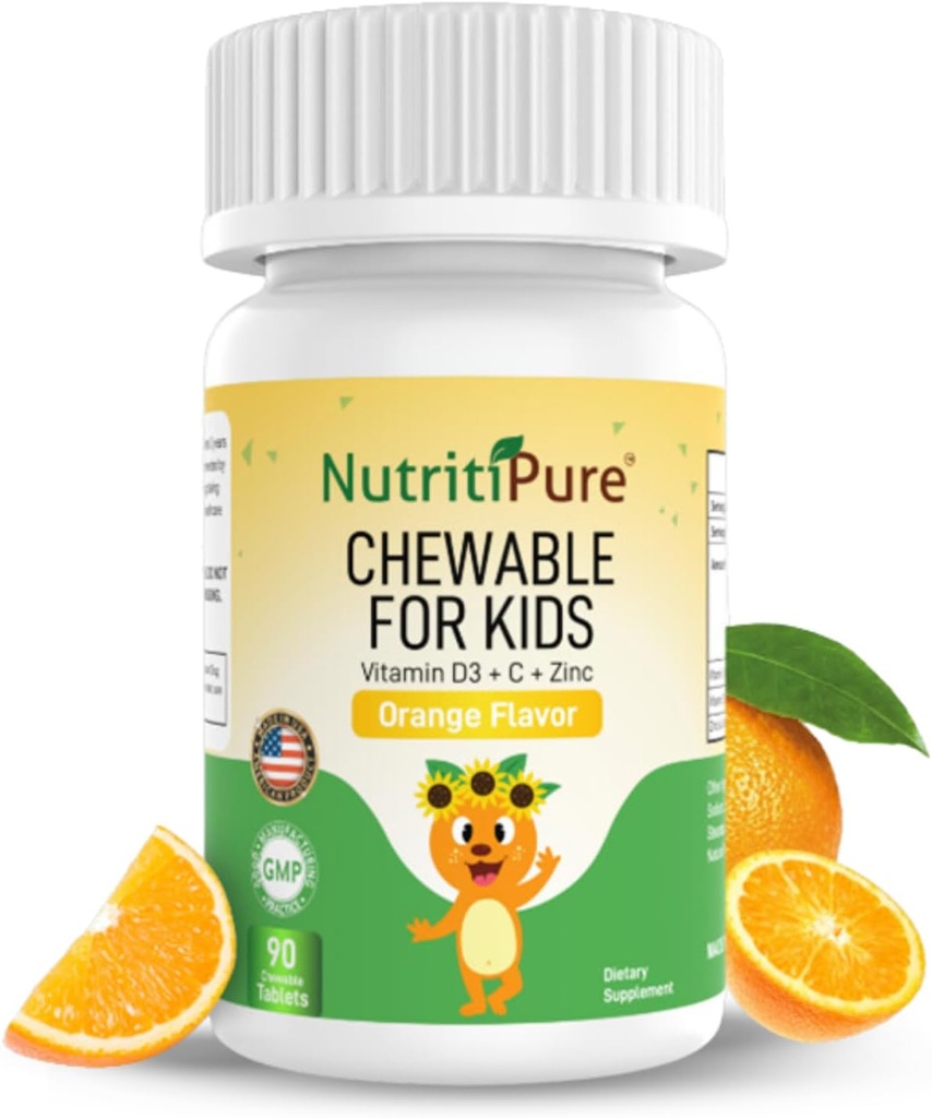 Pureskeltava D3-vitamiini (kolekalsiferoli) 25 mikrog (1000 IU) + sinkki (Zinc Citraatti) 5 mg + C-vitamiini 30 mg lapsille Orange Flavor 90/Bottle (1)