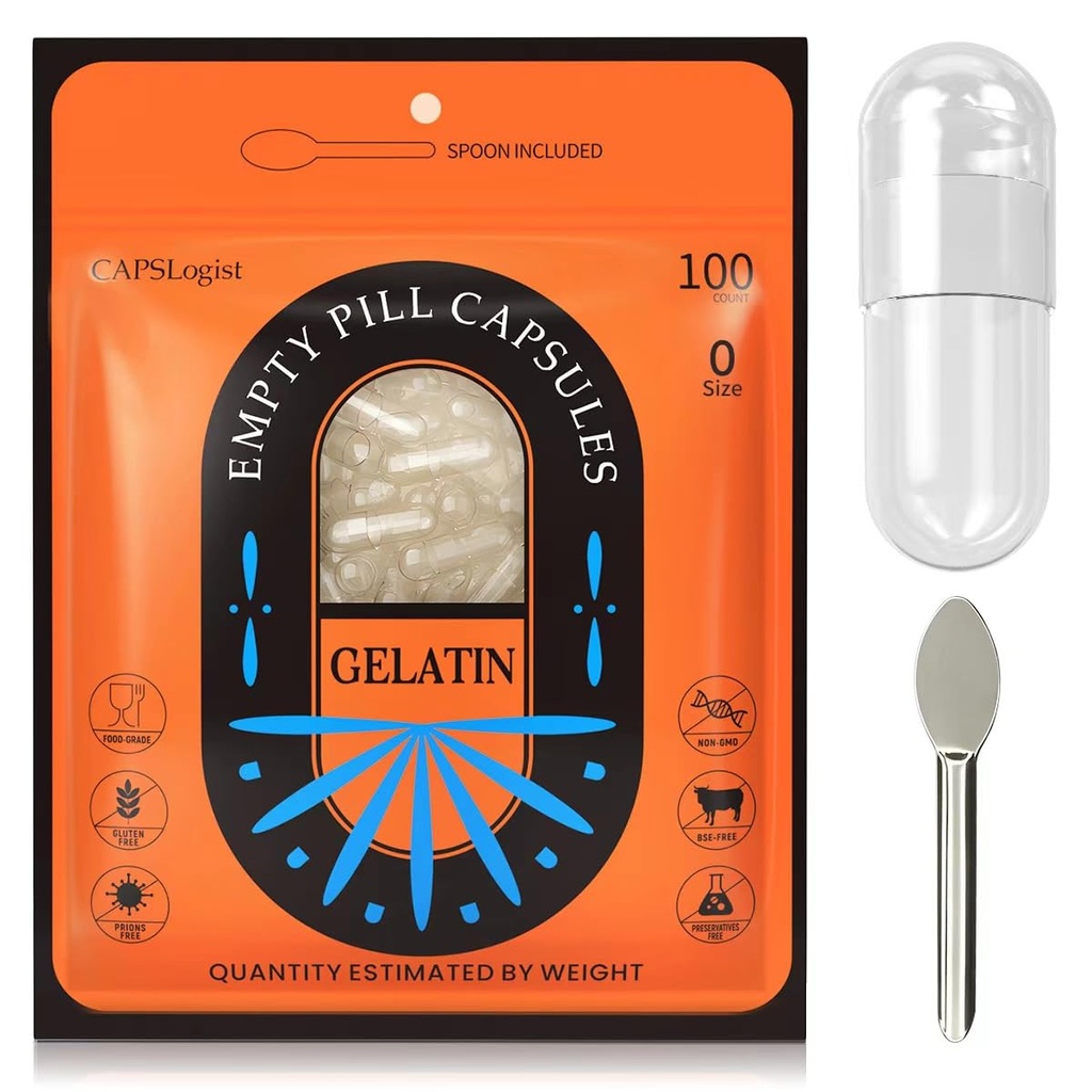 Pill Capsules Empty Size 0, 100 Count Gelatin Capsule med Micro Lab Spoon, DIY Pill Capsule Filling, Gluten Free och Non-GMO Certified, Clear