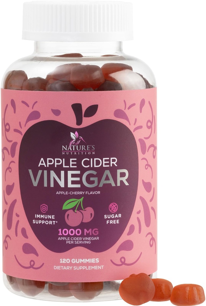 Vegan Apple Cider Vinegar Gummy 1000mg - Sugar Free ACV Gummies Vitaminer Supplement med vitamin B12 för energi - Keto Friendly Digestion, Detox, Cleanse Support - Gelatin-Free, Non-GMO - 120 Gummies