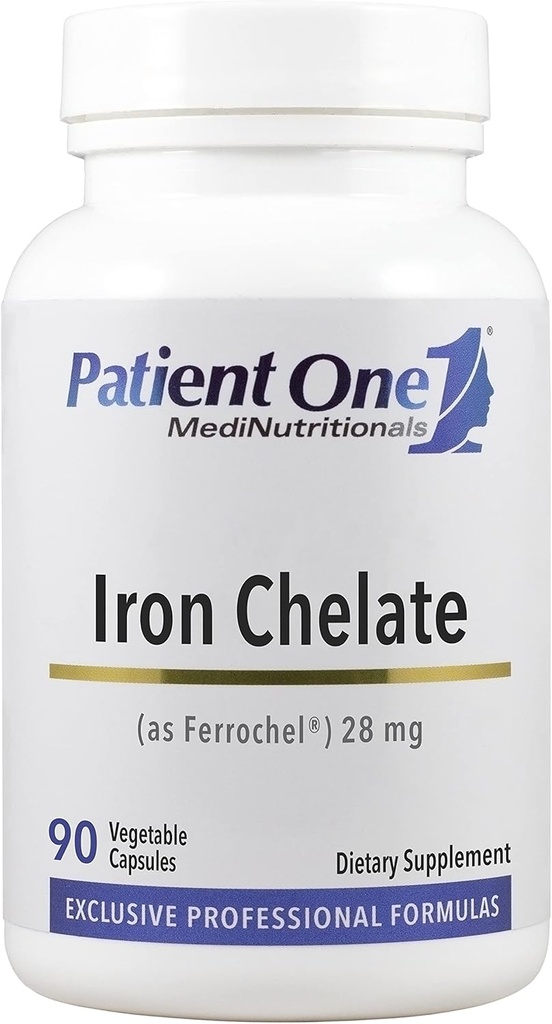 Patient One Iron Chelate 28mg | Tillägg för att stödja röd blodcellbildning och funktion * | Ferrochel Brand Iron Bisglycinate | 90 kapslar