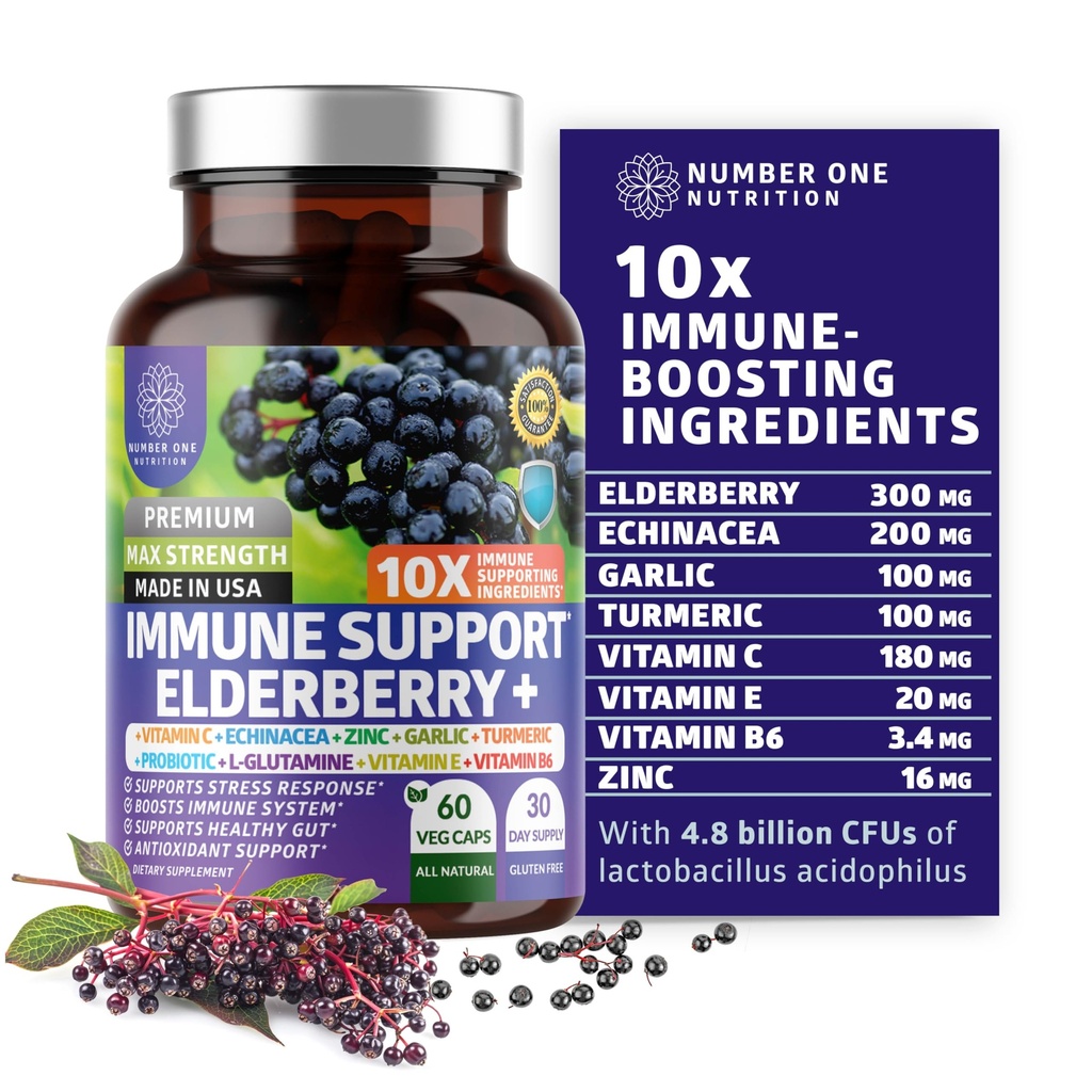 Premium 10 i 1 Immun Support Supplement [10 Potent Ingredients] med Elderberry, Vitamin C, Echinacea, Zink och Probiotic för Immune Support, Gut Health och Better Digestion, 60 Veg Caps