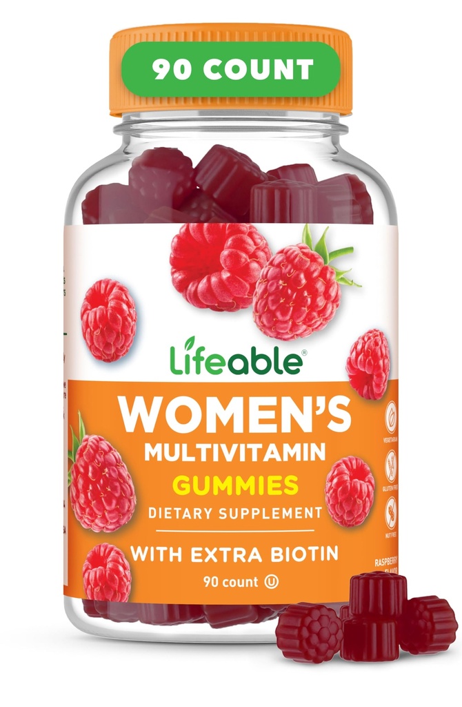 Elinkykyiset naiset Multivitamiini Gummy A-, C-, D-, E-, Niasiini-, B6-, Folaatti-, B12-, Biotiini-, Pantoteenihappo-, Jodi-, Sinkki-, Sinkki-, Maukas monivitamiini naisille Gummie 90 Gummie