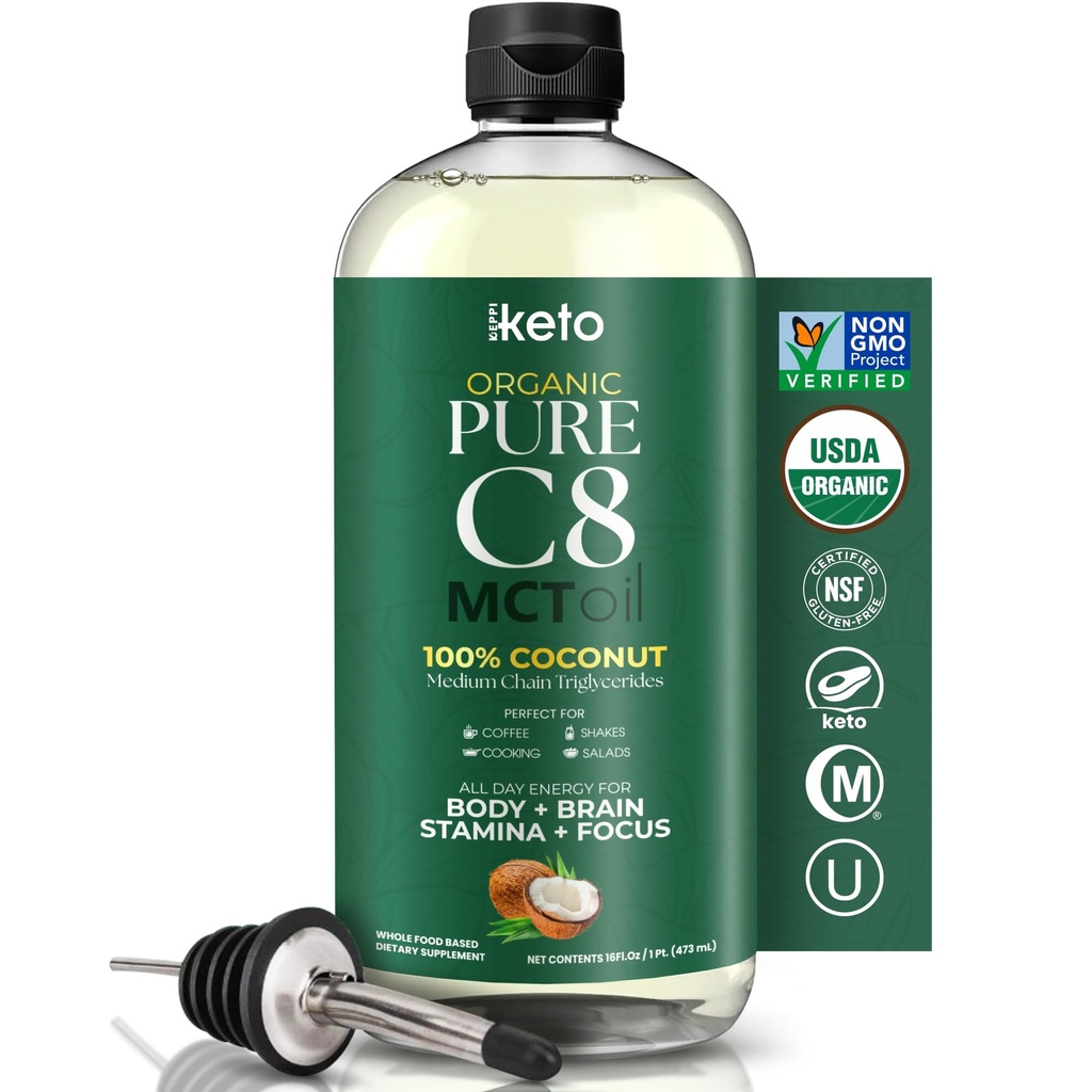 Keppi Organic MCT Öljy - Makuton C8, ei-GMO, Certified Organic, Gluteeniton, Palmuöljyvapaa, Vegan, Kosher, Halal, 16 oz Kookosöljy