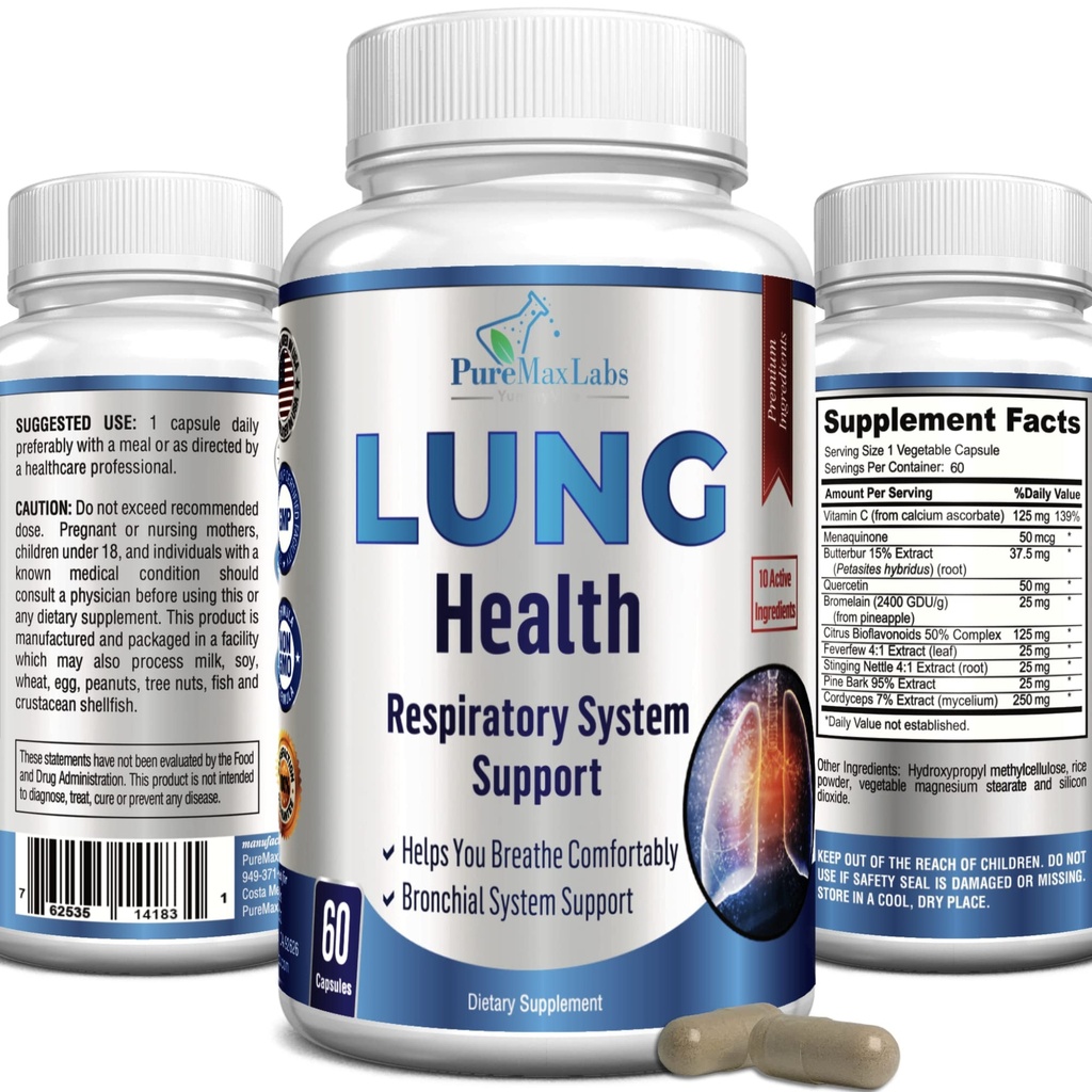 Lung Support Supplement, Lung Cleanse & Lung Detox Formula, Lung Health Support för Clear Lungs, Bekväm andning, Bronchial Health, 60 kapslar