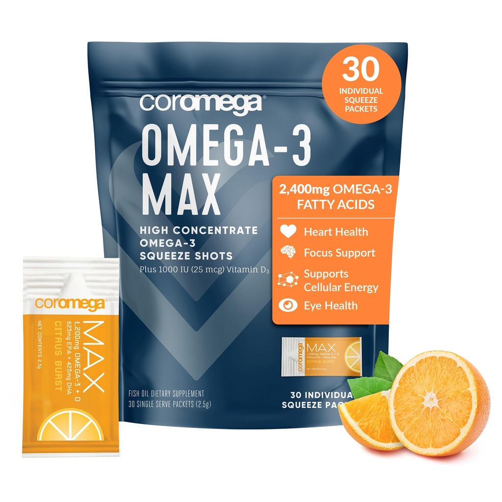 Coromega MAX 2400 mg Omega-3 Fish Oil + D-vitamiini puristaa Packets, Wild-Caught, Ei kalamaista makua - 3X Parempi imeytyminen kuin Softgels, tukee aivojen ja sydämen terveys (30 tarjoilua, Citrus Burst)