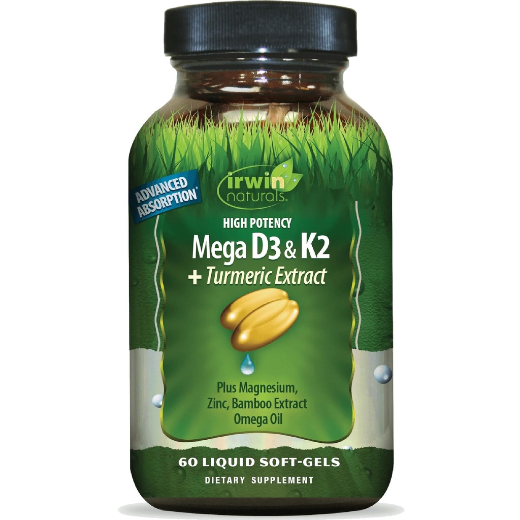 Irwin Naturals High Potency Mega D3 & K2 + Turmeeriuute ... 60 Liquid Soft-Gels