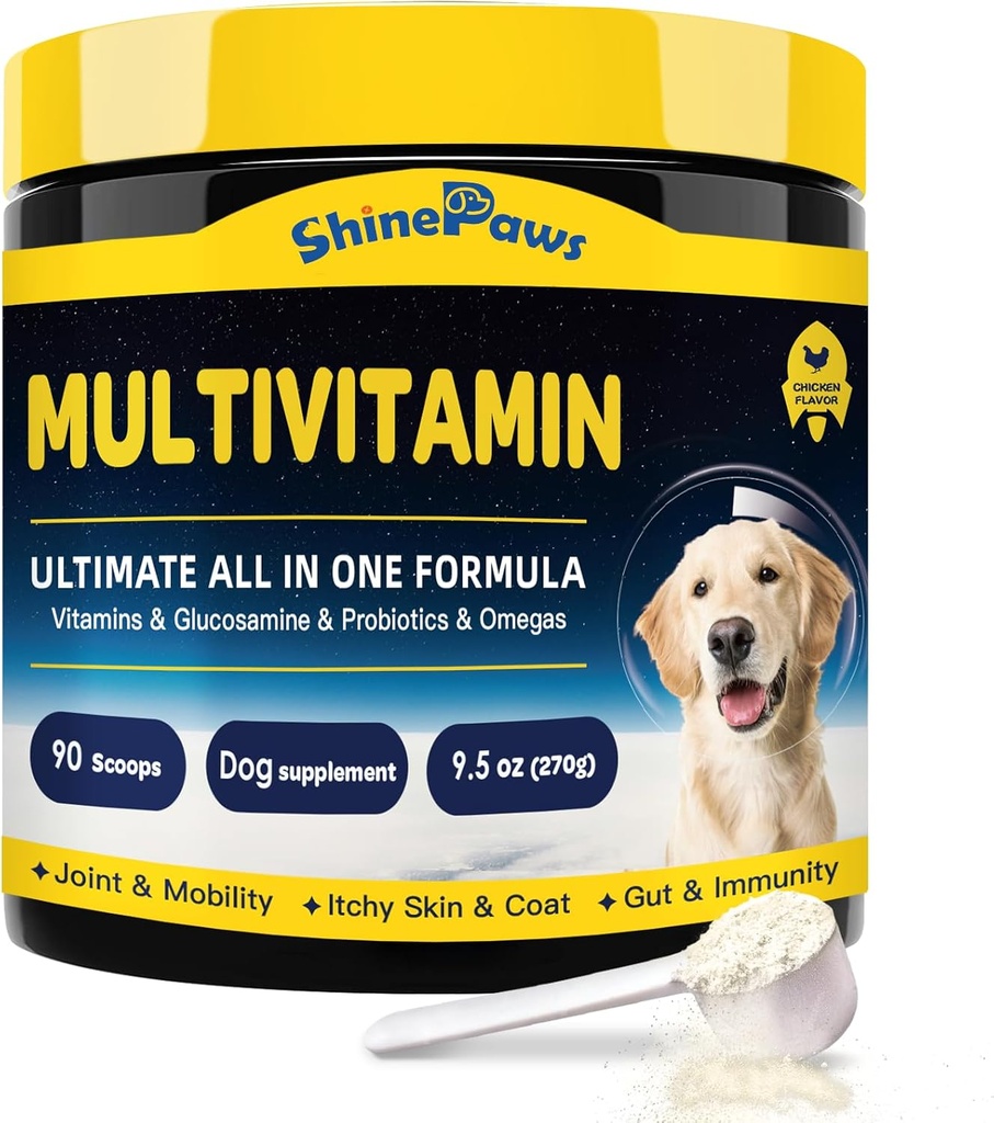 Koiran vitamiinit, koiran monivitamiinijauhe, probiootit, glukosamiini, Omega 3, tuki Gut, nivel- ja liikkuvuus, kutina iho ja turkki, mineraalit ja antioksidantti immuuniterveyteen, päivittäiset olennaiset koiran lisäravinteet