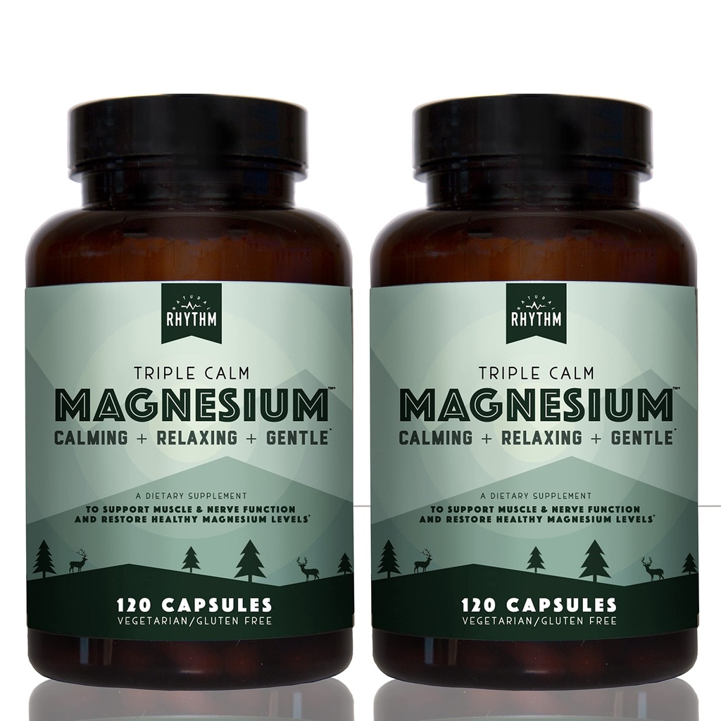Luonnollinen rytmi Triple Calm Magnesium 150 mg - 2 pakkaus Magnesium Supplement magnesium Glycinate, Malate, ja Taurate. Rauhoittava Blend edistää lepoa ja rentoutumista - 120 Count pullot