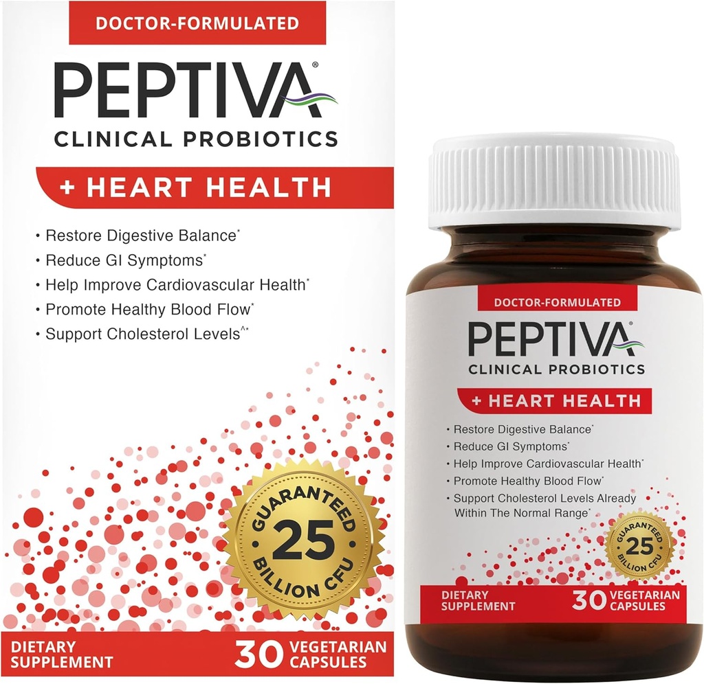 Peptiva Probiootit Heart Health - Heart Health Support Supplement, 25 miljardia PMY, monikantaprobiootti, Lactobacillus Acidophilus, Bifidobacterium, Digestive Support - 30 kasvissyöjän kapselit