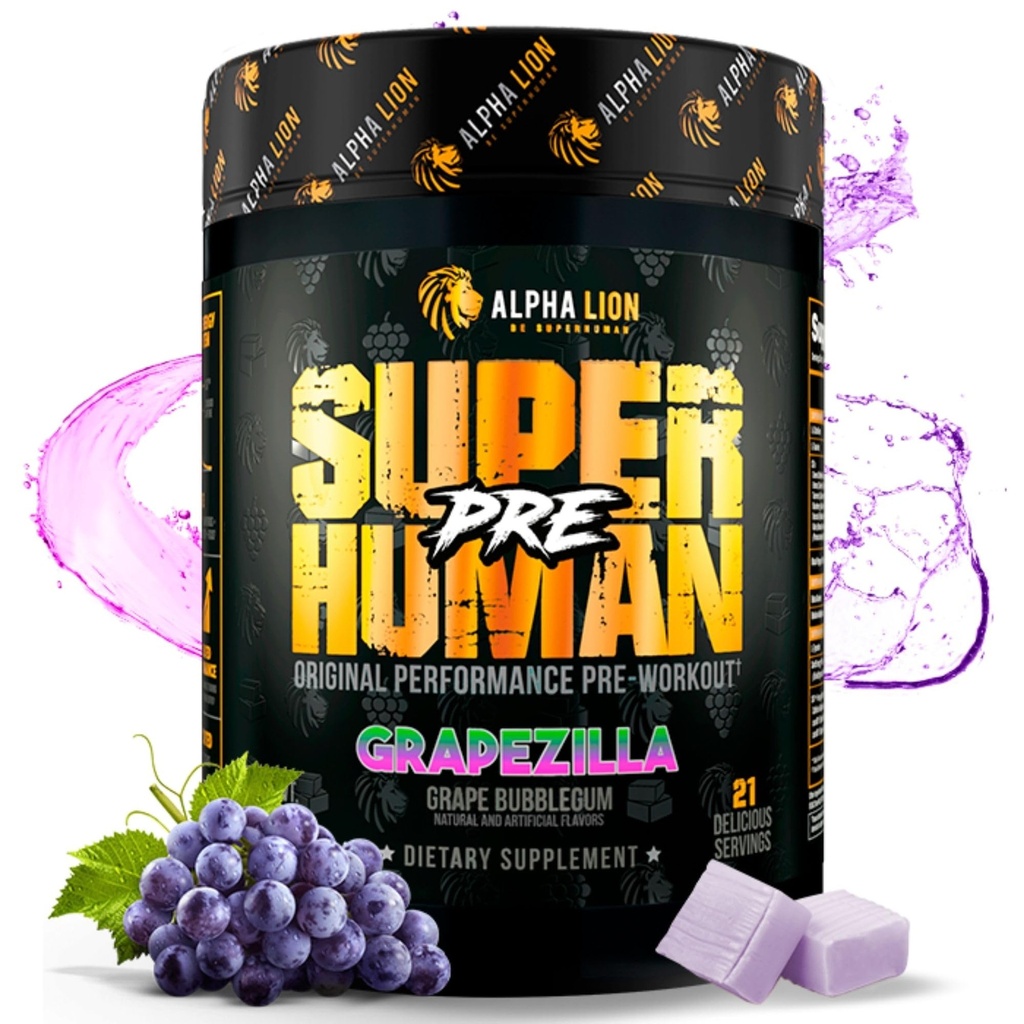 AAKKOSELLINEN LION Superhuman Pre Treenout Powder, Beta Alanine, L-Taurine & Tri-Source Kofeiini kestävä energia & Focus, typpioksidi & Sitrulli Pumpulle (21 Servings, Grapezilla)