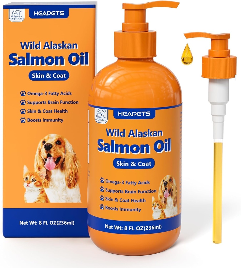 Wild Alaskan Salmon Oil for Dogs & Cats, Fish Oil Omega 3 Lisäravinteet EPA & DHA for Skin & Coat, Immuuni, aivot, Joint and Heart Health, Koira & Cat Fish Oil Lisäravinteet kanssa Pump- 8 oz