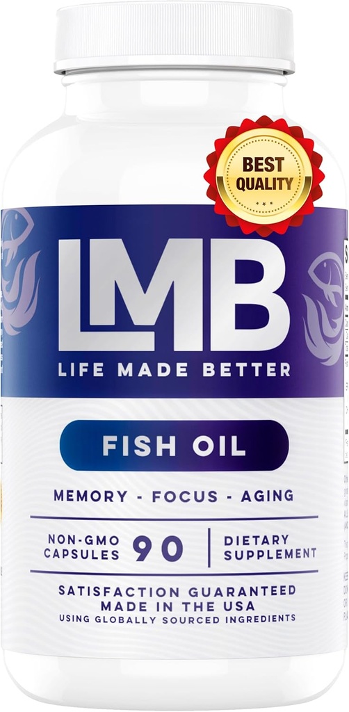 Wild Caught Omega 3 Fish Oil 3000mg - Triple Strength Burpless DHA 900mg + EPA 1200mg Non-GMO - Enteric Coated med No Aftertaste - LMB (90 Soft Gels)