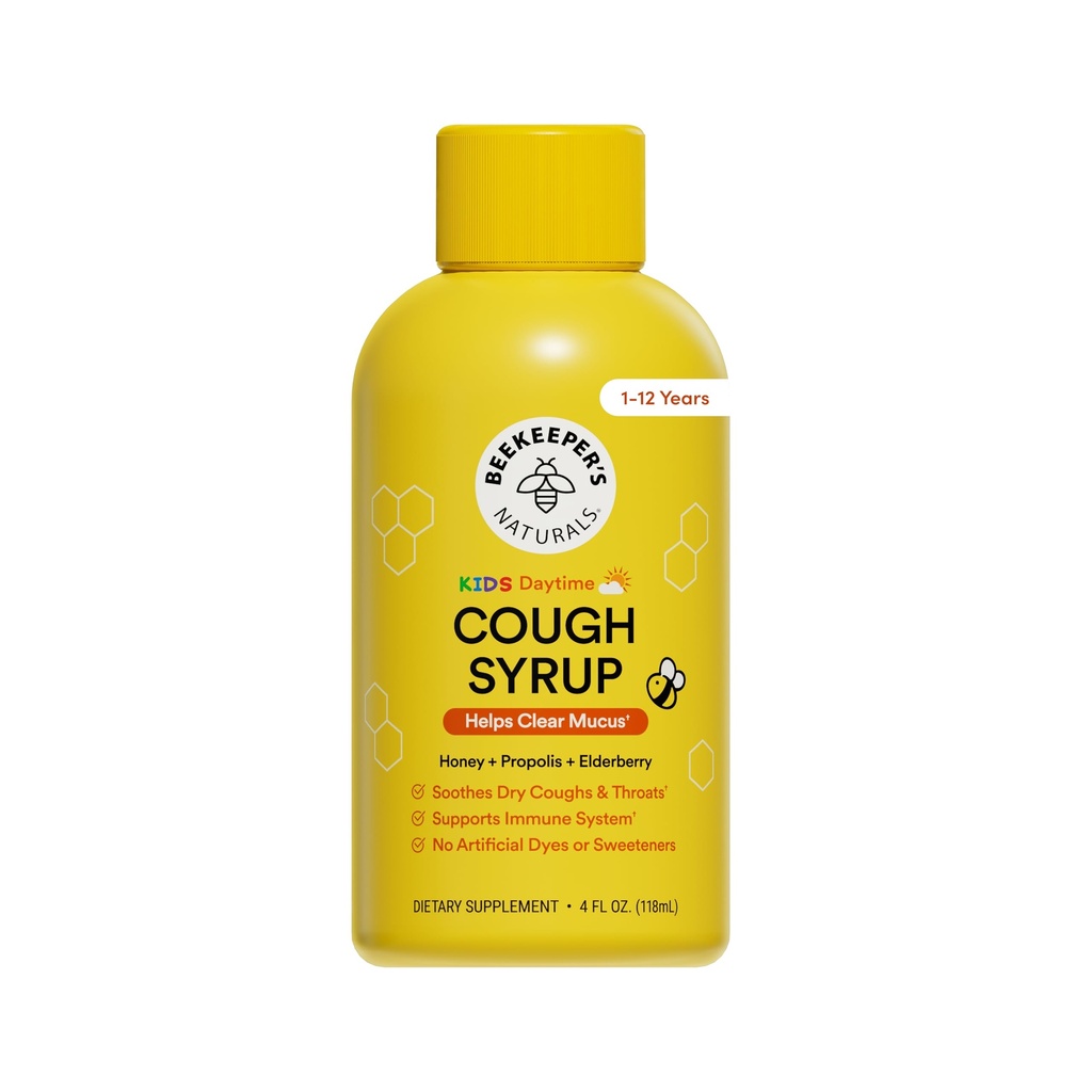 Mehiläishoitaja's Naturals Propolis Honey Cough Syrup Daytime for Kids Immuuni tuki Elderberry, C-vitamiinia D & Raw Honey - Kurkku rauhoittaa - Gluteeniton & puhdas ainesosat, 4 oz.
