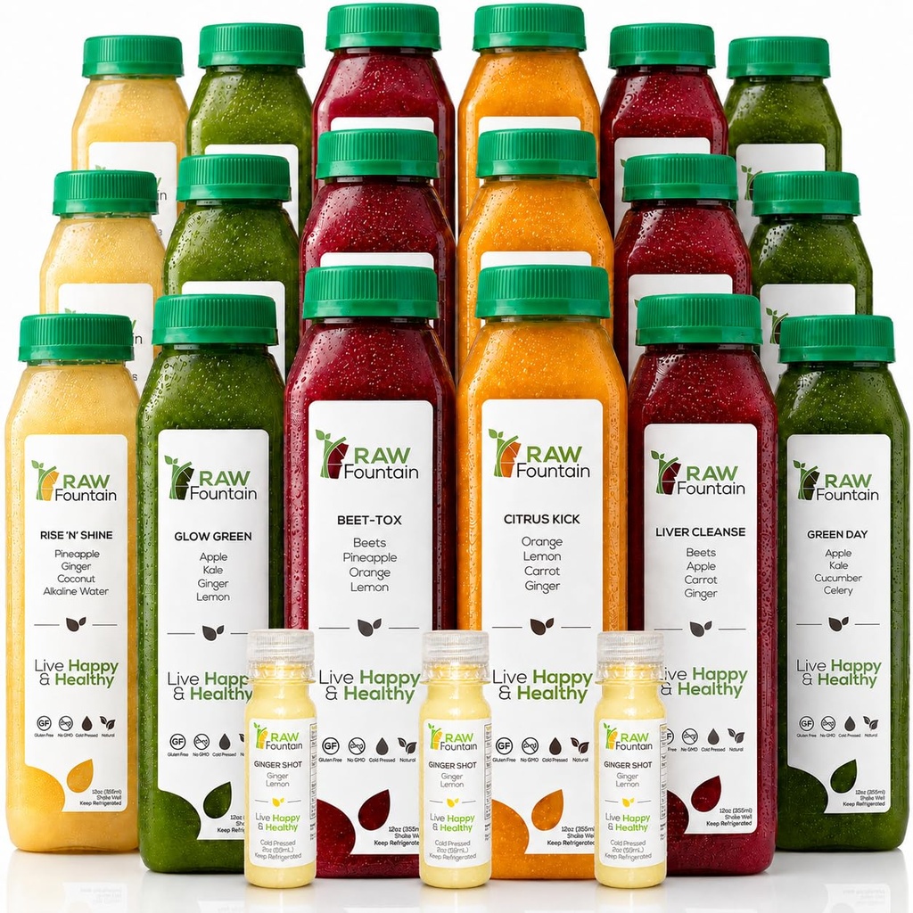 3 päivää Juice Cleanse Raw Fountain, Kaikki Natural Raw Detox Cleanse, Juiceing Body Rest, Kylmä Pressed Juice Nopea, Suuri tapa hyppää terve ruokavalio, 18 pullot 12oz, 3 inkivääri shotteja