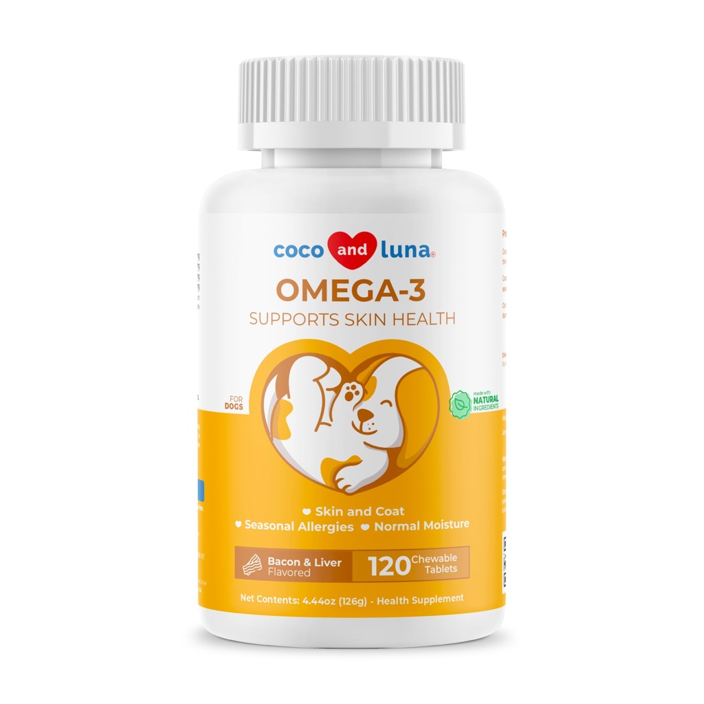 Omega 3 Fish Oil koirille - 120 purutablettia - Omega 3, 6 ja 9, E-vitamiini koiranpoimu, kutina, kuiva iho, nivel- ja sydäntuki