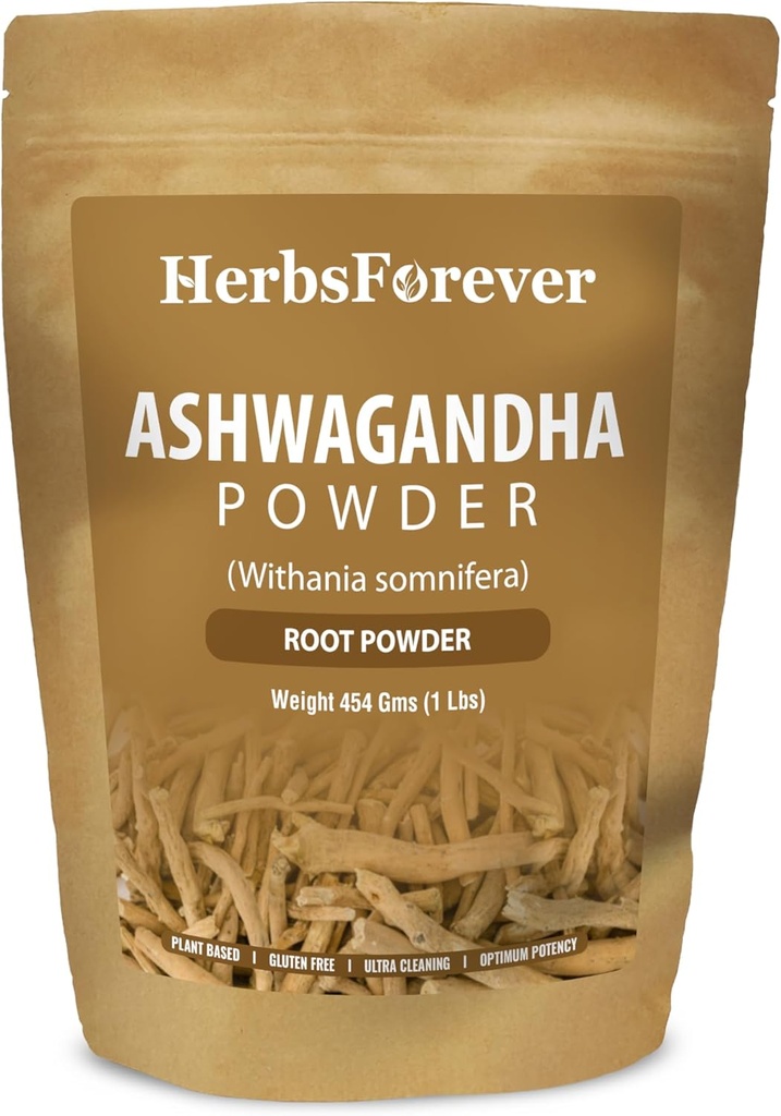 HerbsForever Ashwagandha Root Powder 454g I Winter Cherry, Non-GMO, Vegan, Gluten-Free I Ayurvedic Stress-Buster stöder energibooster, Vitality & Rejuvenator Total Wellness Maximal Strength