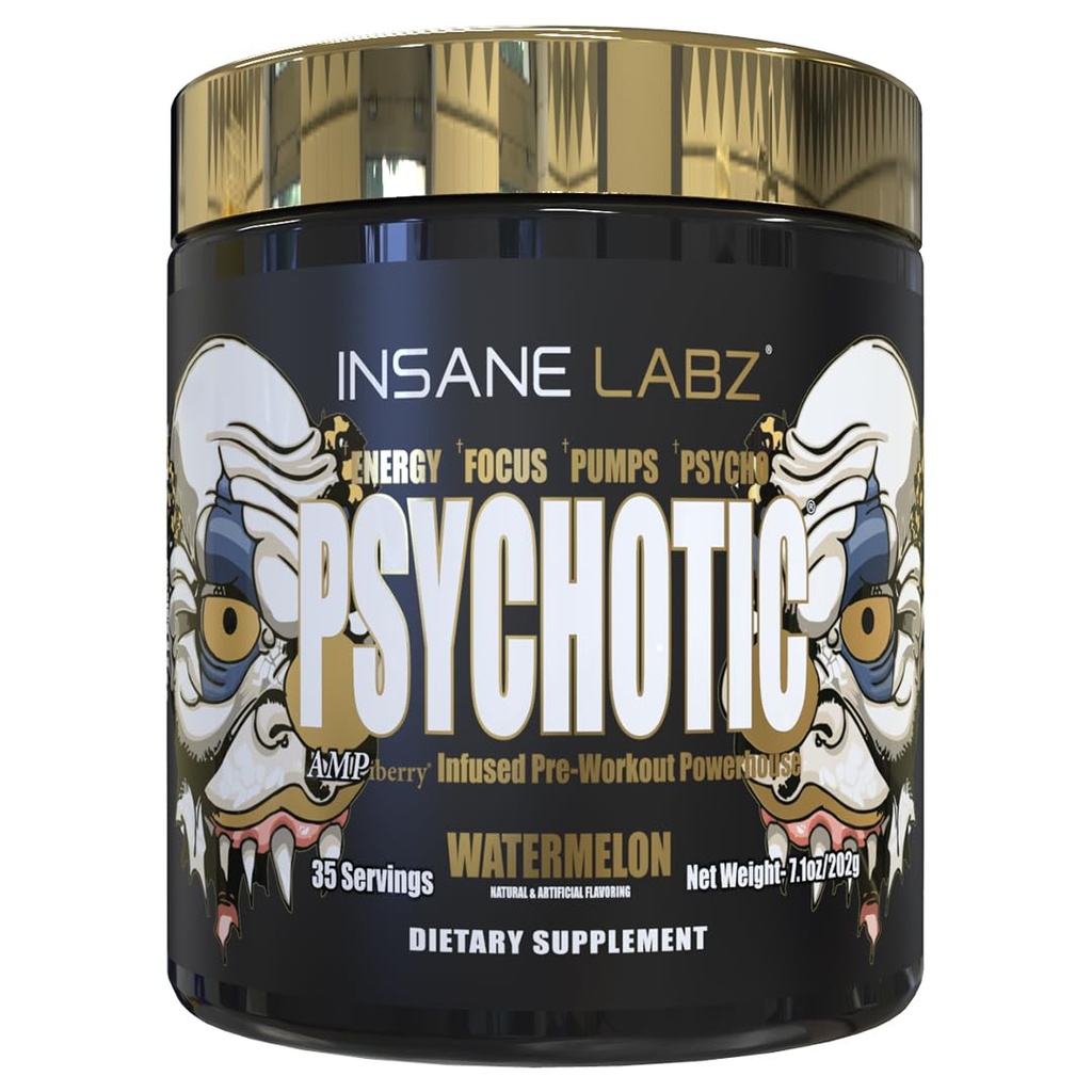 Insane Labz Psykotic Gold, High Stimulant Pre Treenout Powder, Extreme Lesting Energy Focus, Pumps ja Endurance Beta Alanine, DMAE Bitartraatti, NO Booster (35 tarjoilut, vesimeloni)
