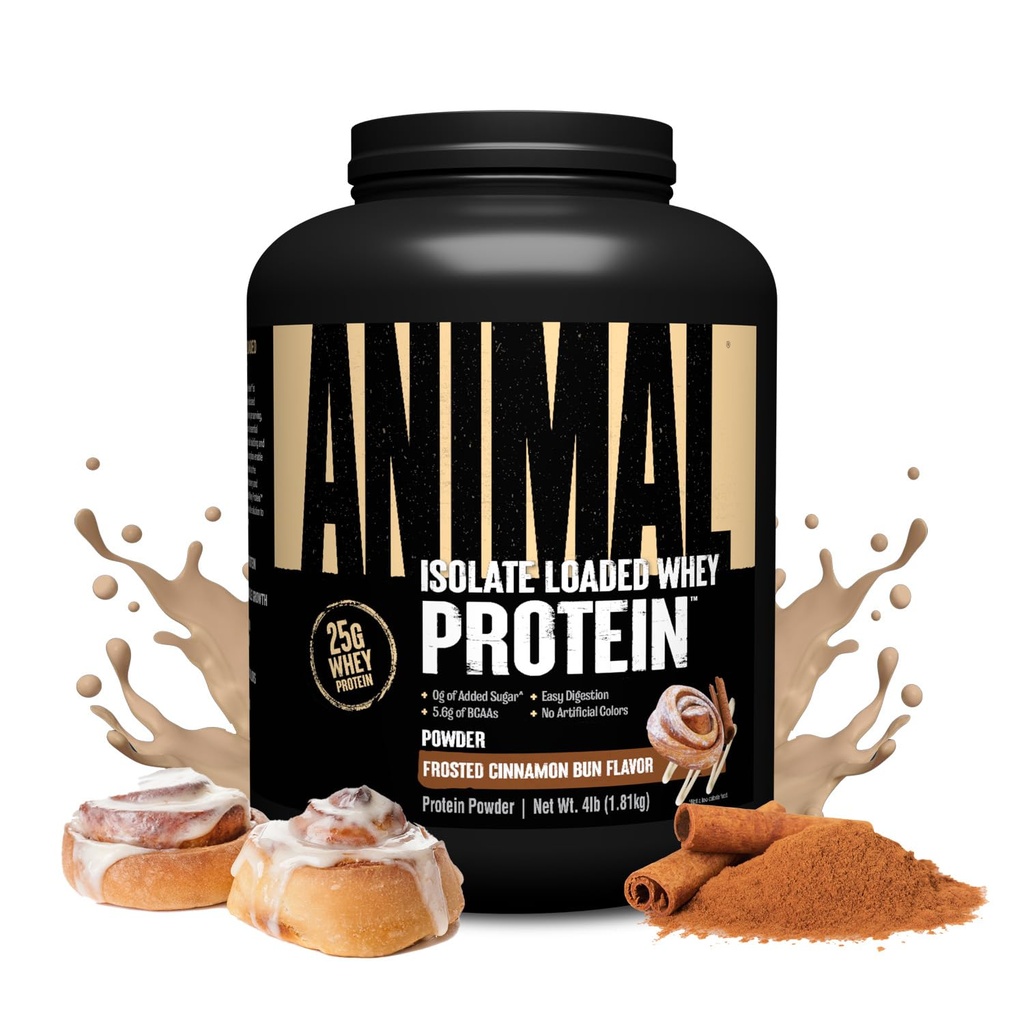 Animal Whey Isolate Protein Powder - Ladattu Pre &amp; Post harjoitus Lihas Builder ja Recovery kanssa Dgestive Enzymes miesten & naisten - 25g proteiinia, suuri maku, alhainen sokeri - Frosted kaneli Bun 4 kg