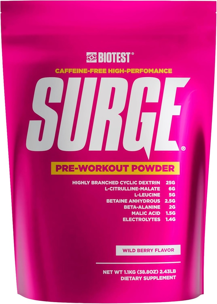 Surge Pre-Workout Powder - 25 g Erittäin haarautunut sykloottinen dekstriini, 6,5 g Citrulline Malaatti, 5 g L-leusiini, 2,5 g Betaiini Vedetön, 2 g Beta-Alaniini, 1,4 g Electrolyte Blend - 1,1 kg