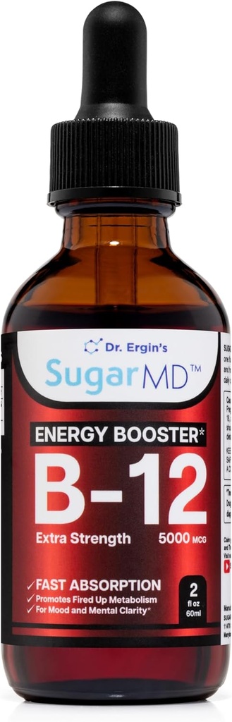 SugarMD Vitamin B12 5000 mcg Liquid Drops - 2 fl oz (60ml) Energidroppar för kvinnor och män - Icke-GMO & Gluten Fri Flytande B12 droppar med Maximal Absorption Formel