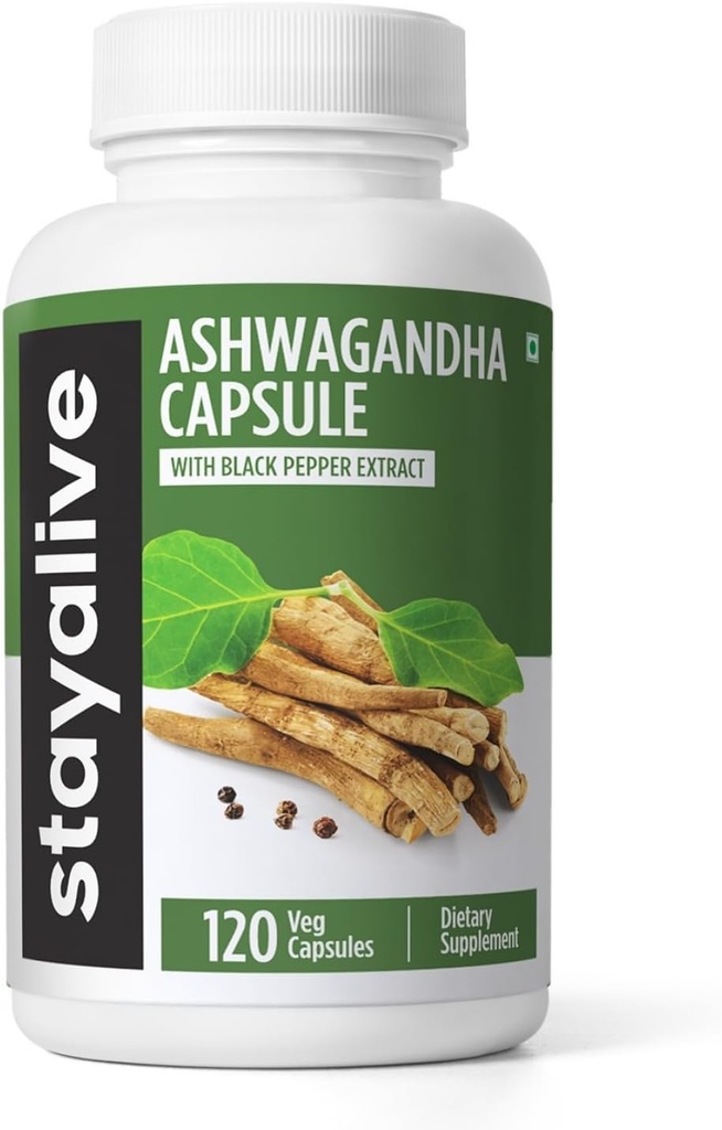 STAY ALIVE Ashwagandha Black Pepper, 10:1 uute, 120 pilleriä, 100% puhdasta juurijauhetta, extra vahvuus kapselit, ei-GMO & gluteeniton Ashwagandha täydentää naisten ja miesten