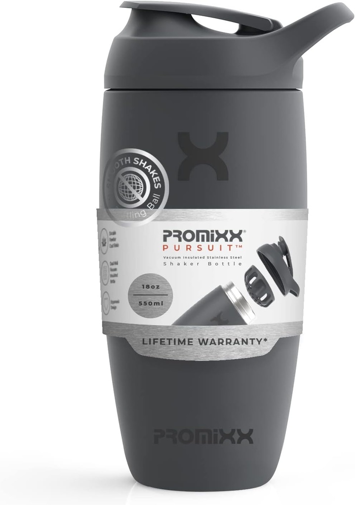 Promixx Pursuit Shaker Bottle isolerad rostfritt stål vattenflaska och shaker Cup, 18oz, Graphite Gray