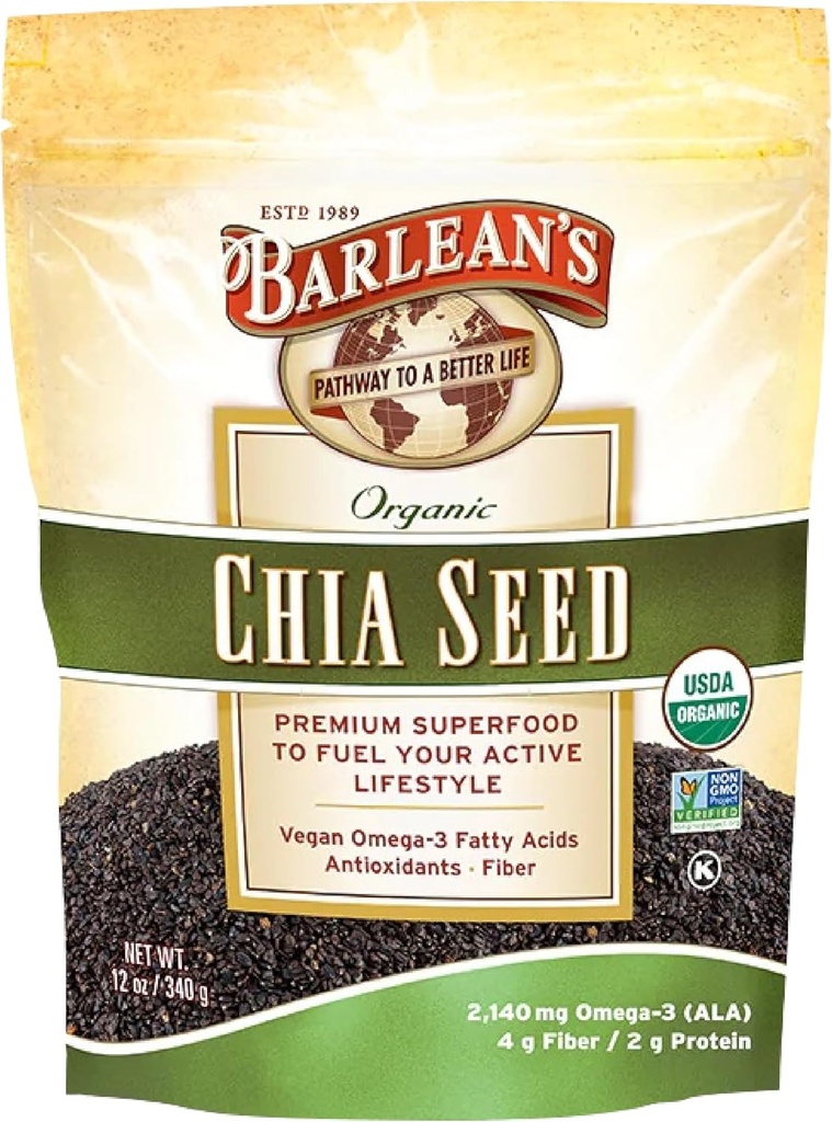 Barleans organiska Chia-frön med 2 140 mg Omega 3 fettsyror, fibertillskott för hela Chia-frön för smoothies, icke-GMO-certifierad, 12 oz