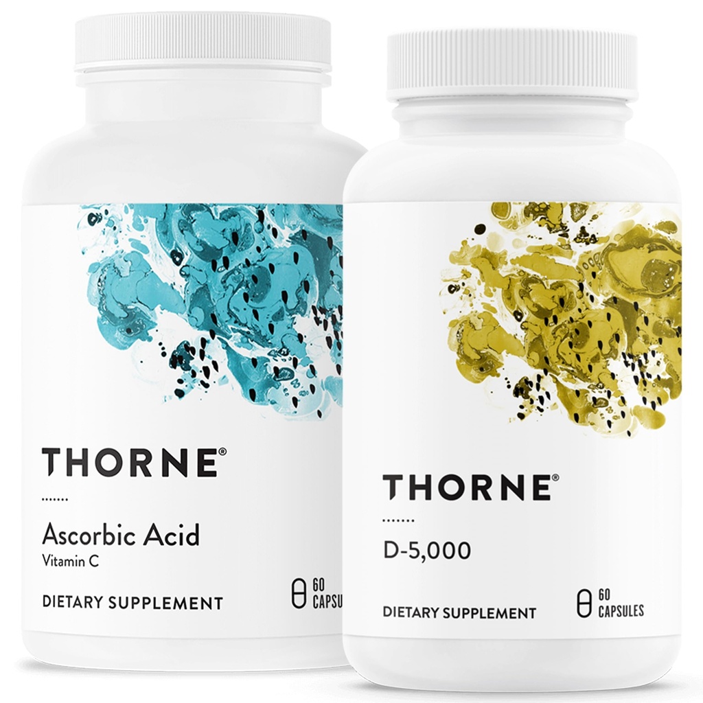 THORNE - Immuuni ja hyvinvointi tuki Bundle - Asorbiinihappo & D-5000 - antioksidantti ja immuunifunktio - 60 tarjoilua