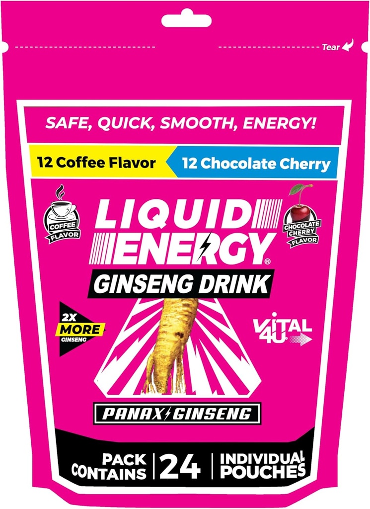 VITAL 4U® Liquid Energy Shot - Coffee & Chocolate Cherry Combo Pack, Ginseng, B Vitaminer, Naturligt sötad, 24 ct
