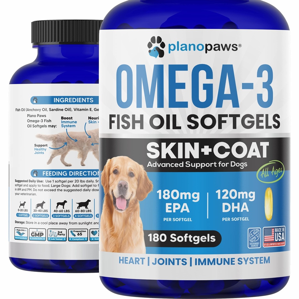 Omega 3 Fish Oil for Dogs Kapselit - Lohiöljy koirille - koiran kalaöljy täydentää Saattaa auttaa Sheddding, Allergia, kutina - Tuki Kuiva iho, nivelet - Koiran iho ja takki täydentää - 180 kalaöljy pillereitä