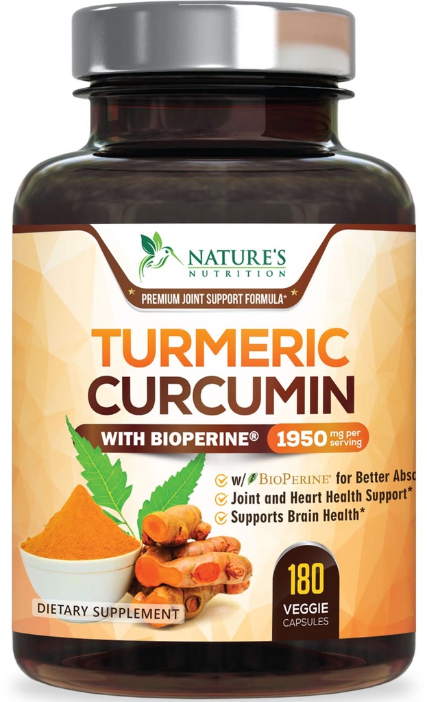 Turmeeric Curcumin Supplement 1950mg - 95% Curcuminoids kanssa Organic Turmeric & BioPerine Black Pepper Extract paras imeytyminen, Nature's Vegan Joint Support, ei-GMO, pullotettu USA - 180 kapselia
