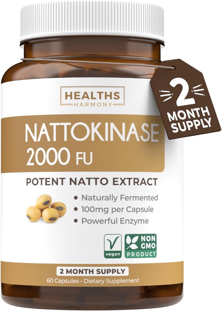 Hälsa Harmony Nattokinase 2000 FU (Non-GMO) Kraftfull Nattokinase Supplement Made from Naturally Fermented Soybeans - (2 Månadsförsörjning) 60 Vegan Natto Capsules