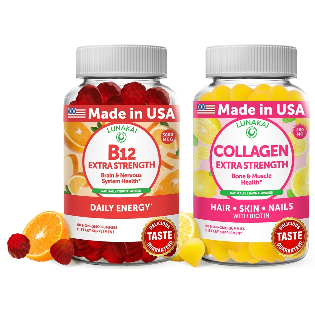 Lunakai B12-vitamiini ja Collagen Gummies Bundle - 3000 mikrog Methylcobalamin High Absorption Energy Gummies - Ei-GMO Anti-aging lisäravinteet miesten ja naisten - 30 päivän tarjonta