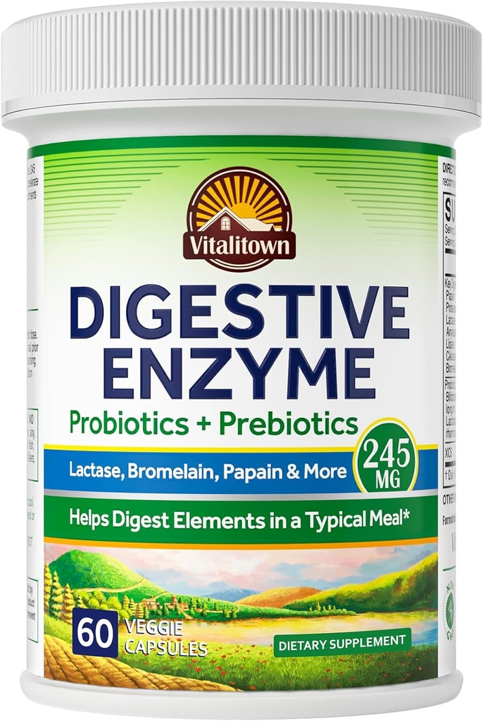 Vitalitown Digestive Enzyme | 3-i-1 Formel | Probiotika + Prebiotika | 60 Veg Caps | 245 mg | Sju nyckelenzymer | Bromelain, Lactase | för Digestion | Vegan, icke-GMO