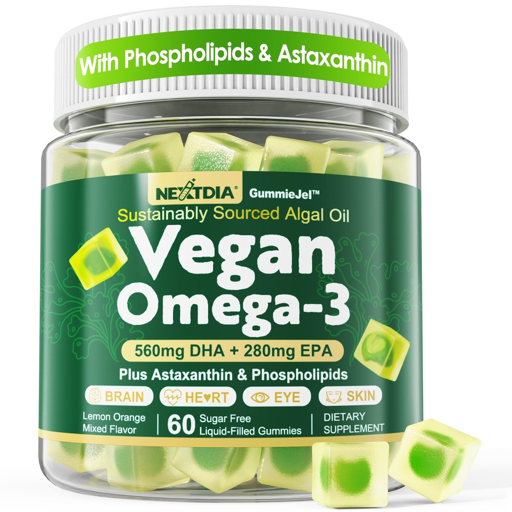 Vegan Omega 3 Gummies + Phospholipids, Astaxanthin, vitamin D3, DHA 560mg & EPA 280mg, Fish-Free Algae Omega 3 Supplement för vuxna och barn för hjärna, ögon, hud och övergripande hälsa, Sugar Free, 60 Cts