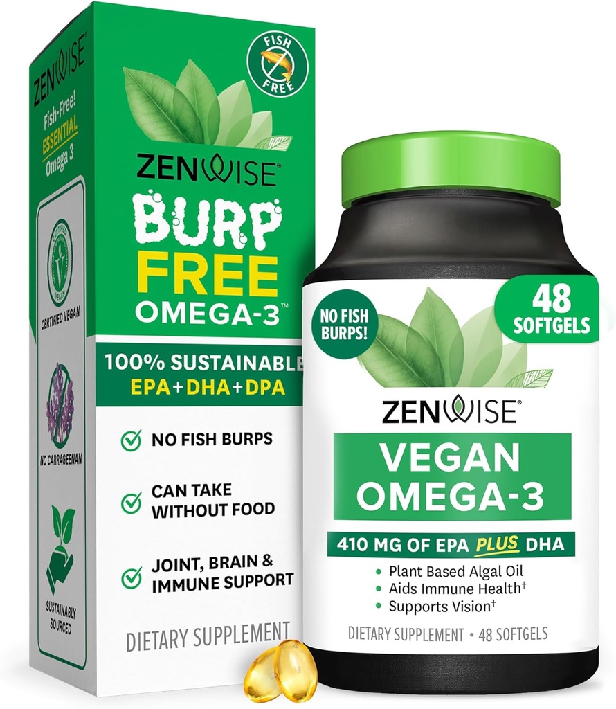 Zenwise Health Vegan Omega 3 Supplement - Burpless Omega 3 Supplement med DHA, EPA & DPA Fatty Acids för immunhälsa - Fiskolja Alternativ från hållbart källad Marine Algae Oil - 48 Softgels