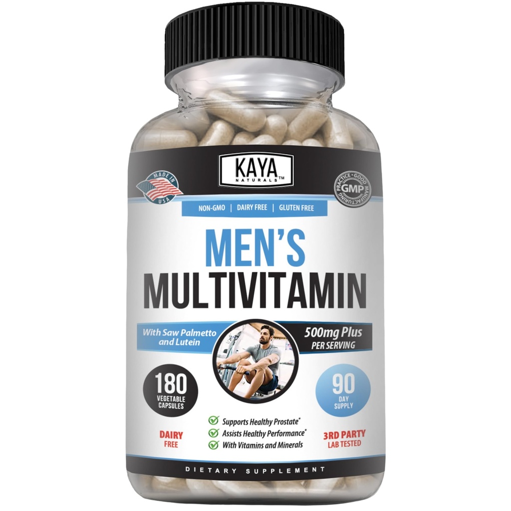 Kaya Naturals Multivitamiini miesten - miesten eturauhas Monivitamiini - Multi Mineral Daily Supplement - Pillerit miesten - Tukee Terve Prostate - Vitamiinit para Hombres - 180 Kasviskapselit