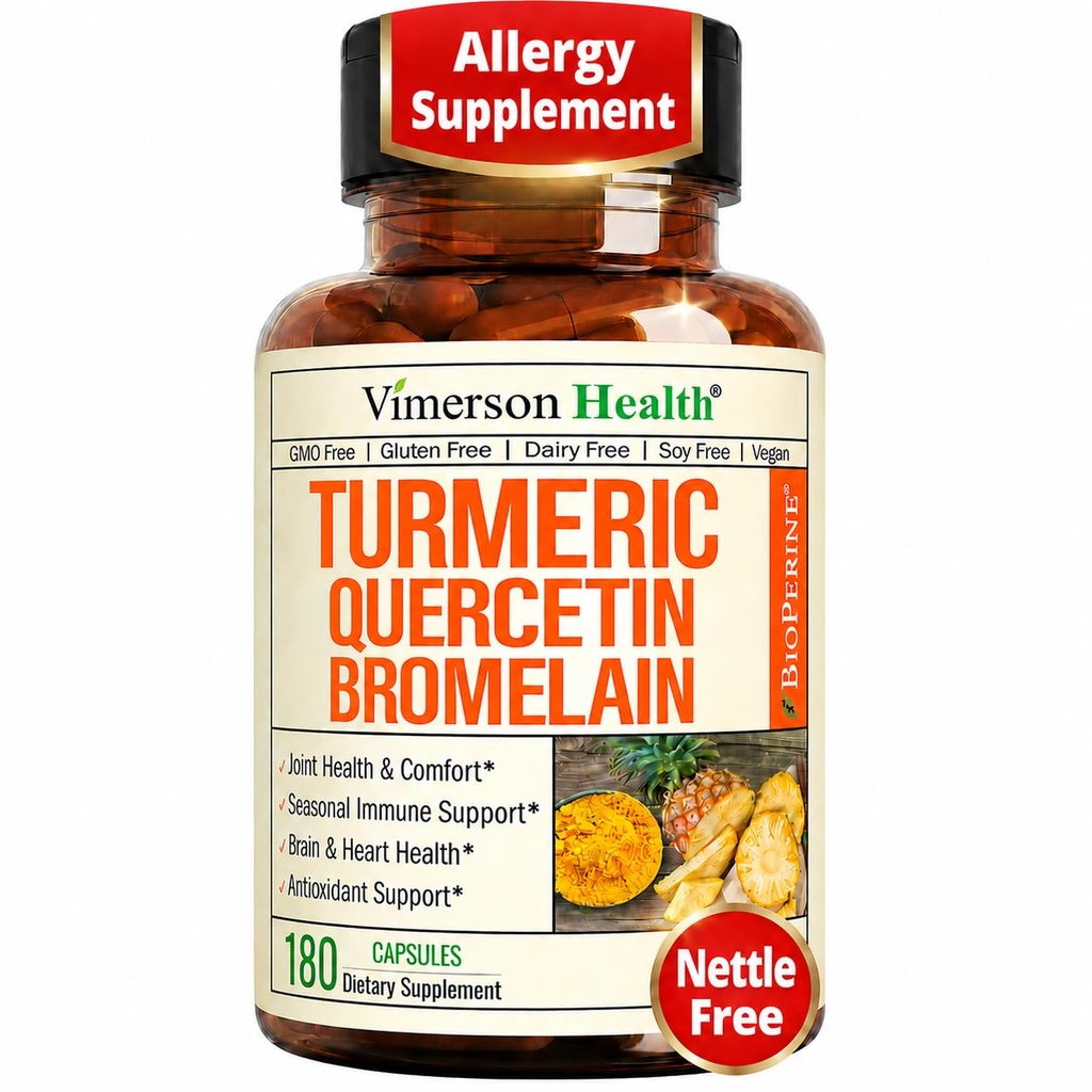 Quercetin med Bromelain Turmeric Curcumin Supplement - Allergy Relief, Joint & Immune Support - Organic Turmeric Supplement med Black Pepper (Bioperine) - 180 Quercetin 500mg Capsules