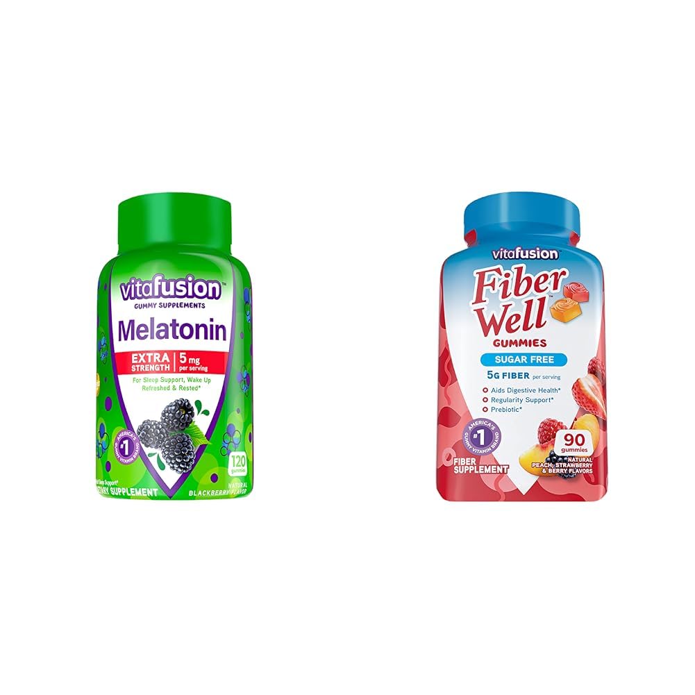 Vitafusion Extra Strength Melatoniini Gummy Vitamiinit, 5 mg, 120 ct Gummies & Fiber Sugar Free Fiber Supplement, Persikka, mansikka ja BlackBerry makulisät, 90