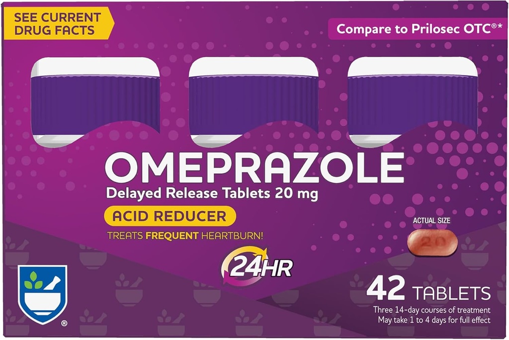 Rite Aid Acid Reducer Omeprazole Viivästynyt vapautuva tabletti - 20 mg, 3 pulloa, 14 pulloa (42 kokonaismäärästä), makuaistiton, närästyksen lievittäminen, närästyksen hoitoon tarkoitettu lääke, usein närästys