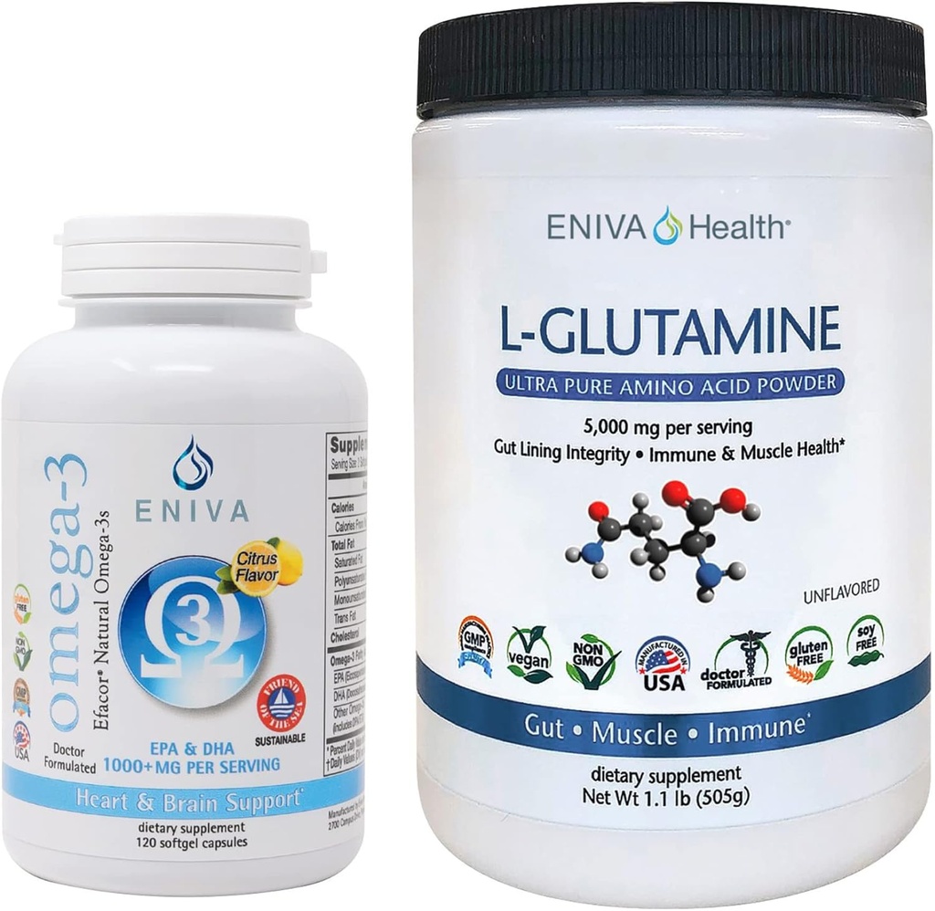 Eniva L-Glutaminpulver, 1.1-pund och Omega-3 Fiskolja (60 caps)