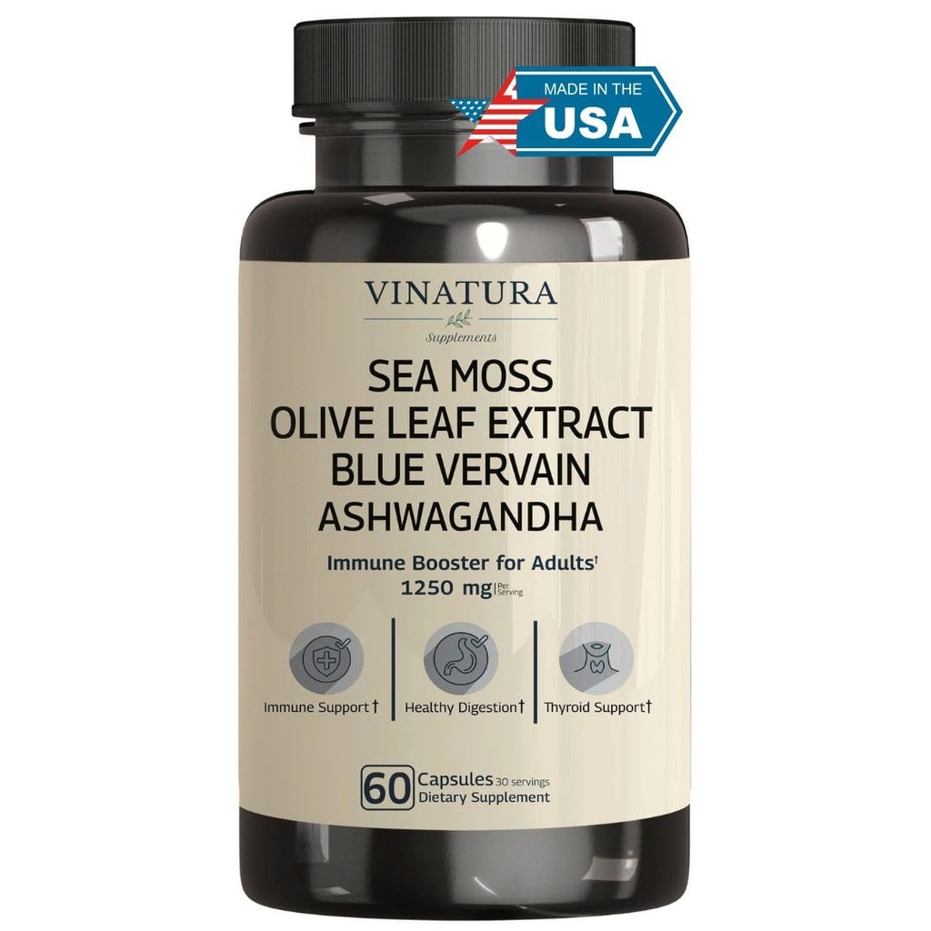 VINATURA Organic Sea Moss, Blue Vervain - musta siemenöljy, Ashwagandha, inkivääri, Burdock juurikapselit - 1250 mg per tarjoilu, *USA Made & Tested * Immuuni Booster aikuisille