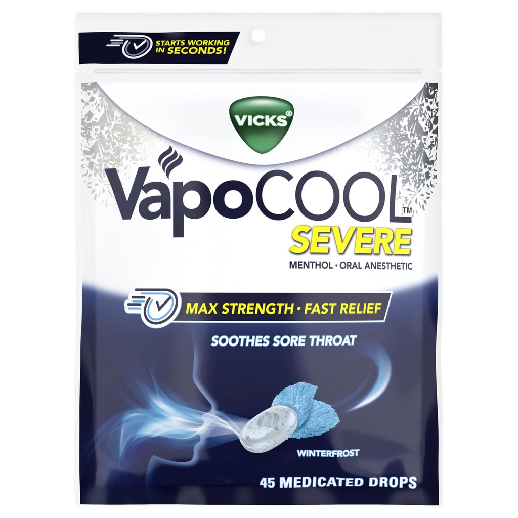 Vicks VapoCool Vaikea lääkekuuri kurkkutipat, Max Strength Mentol, Soothes Sure Throat Pain, Winterfrost Flavor, 45ct